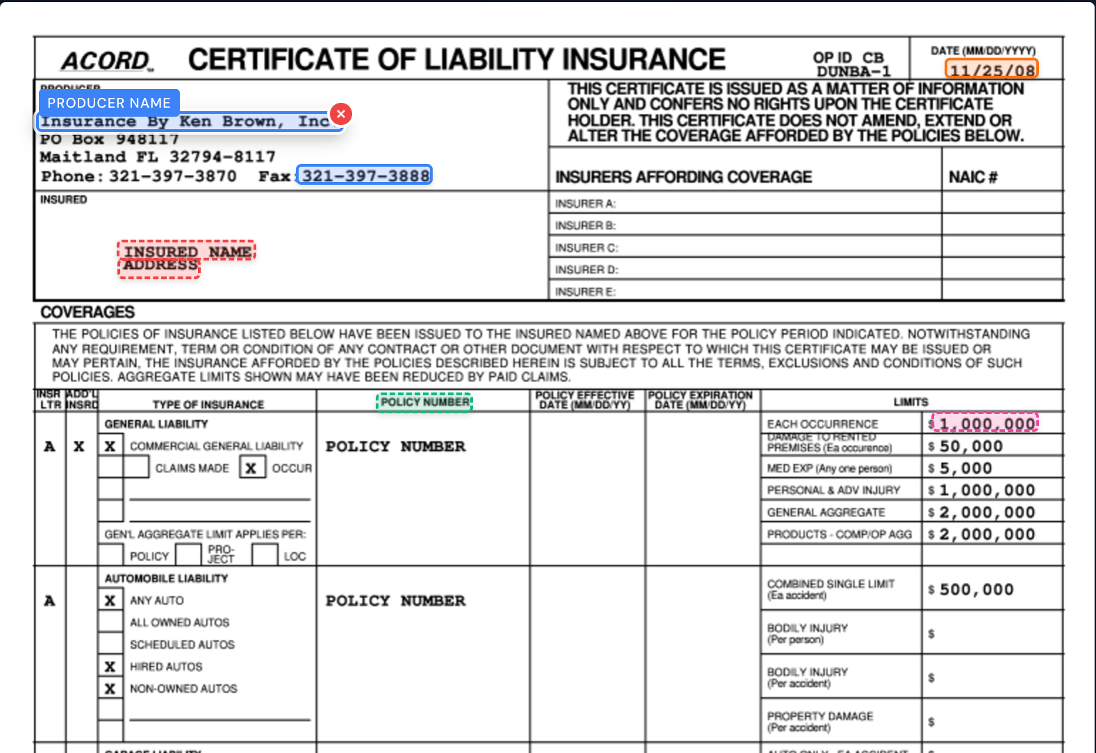 Insurance document extraction example
